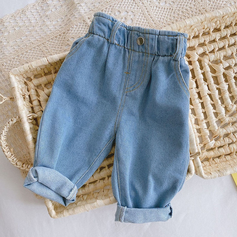 Blue paperbag high-waist denim pants