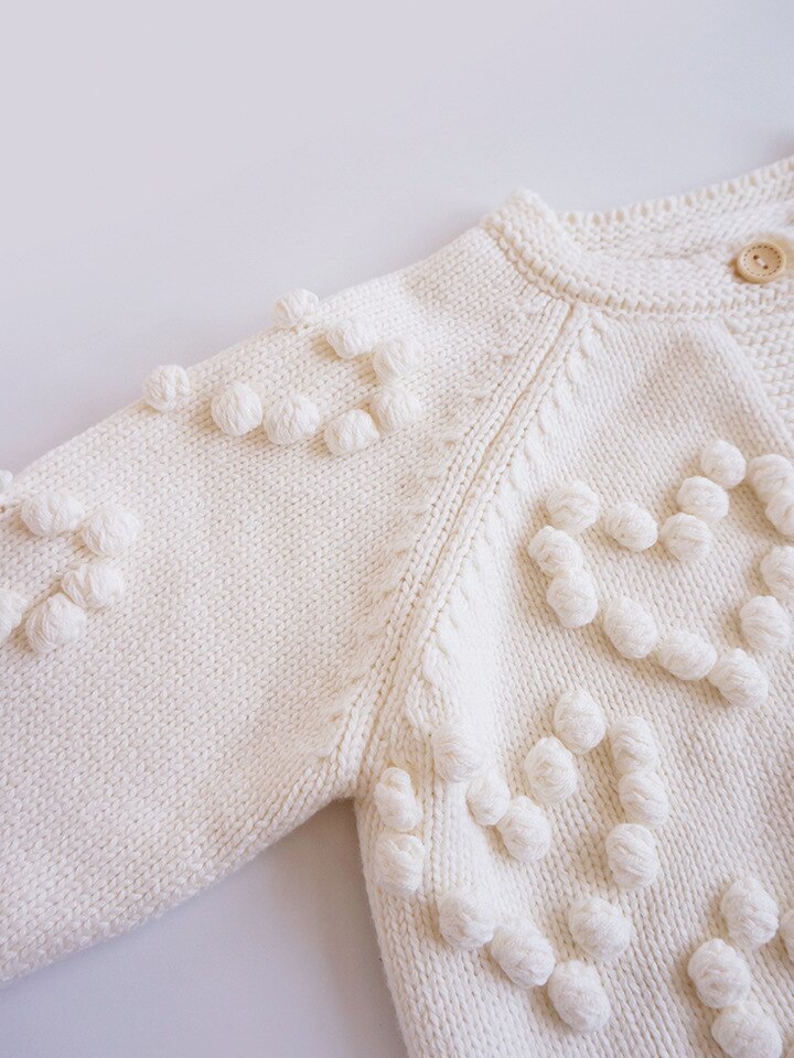 Close-up of bobble hearts on cardigan sleeve