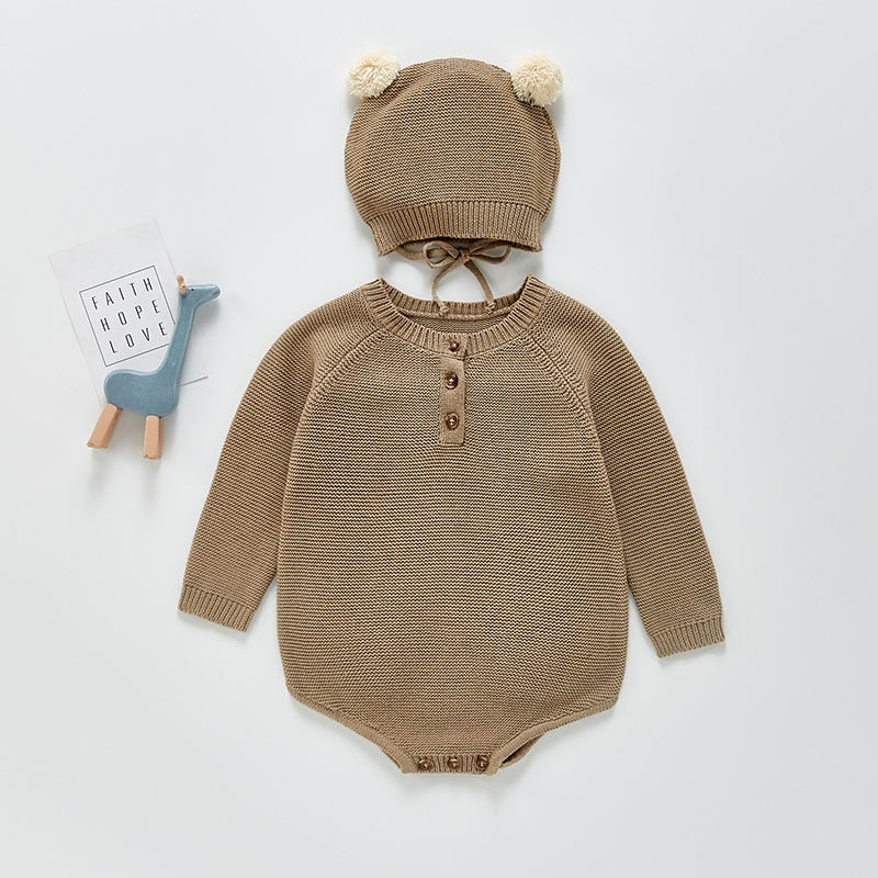 Brown knit bodysuit with bear ears hat