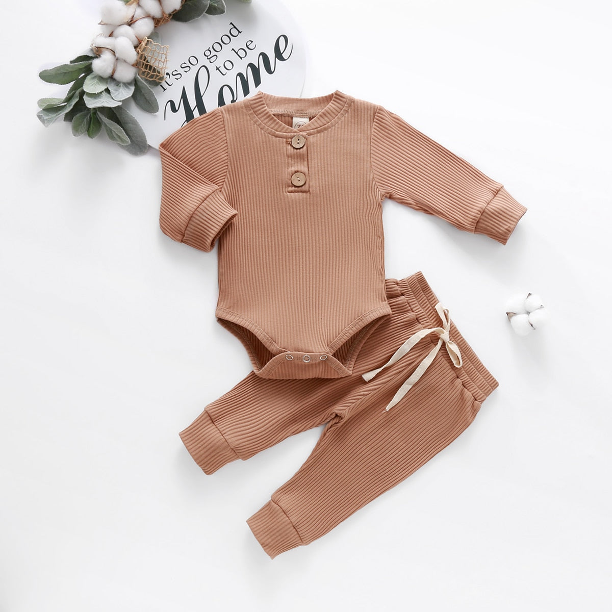 Brown ribbed bodysuit set laid flat