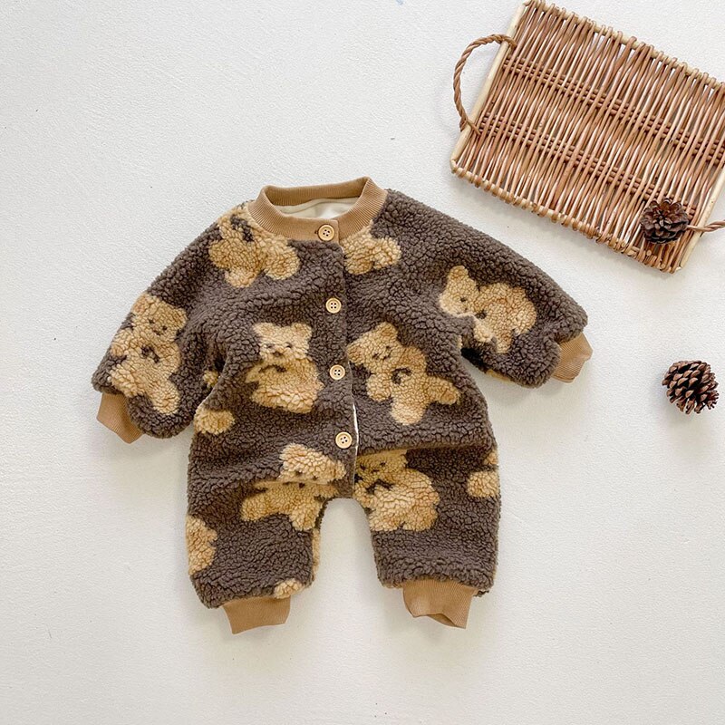 Brown teddy bear sherpa romper with basket