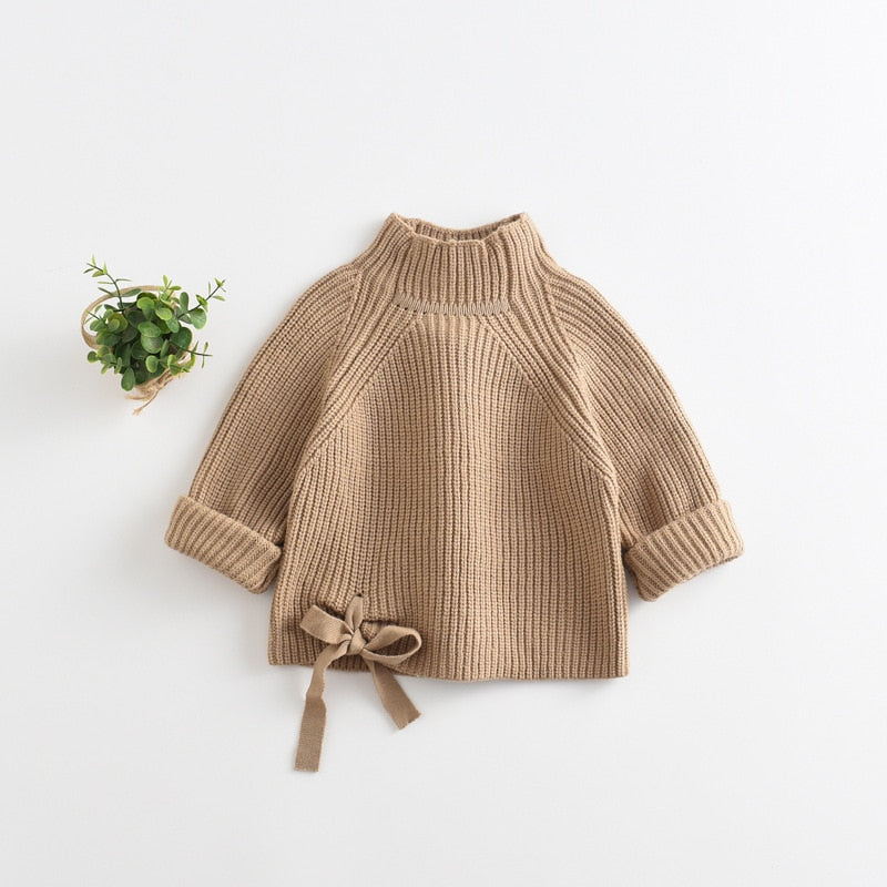 Camel chunky knit turtleneck with bow ties