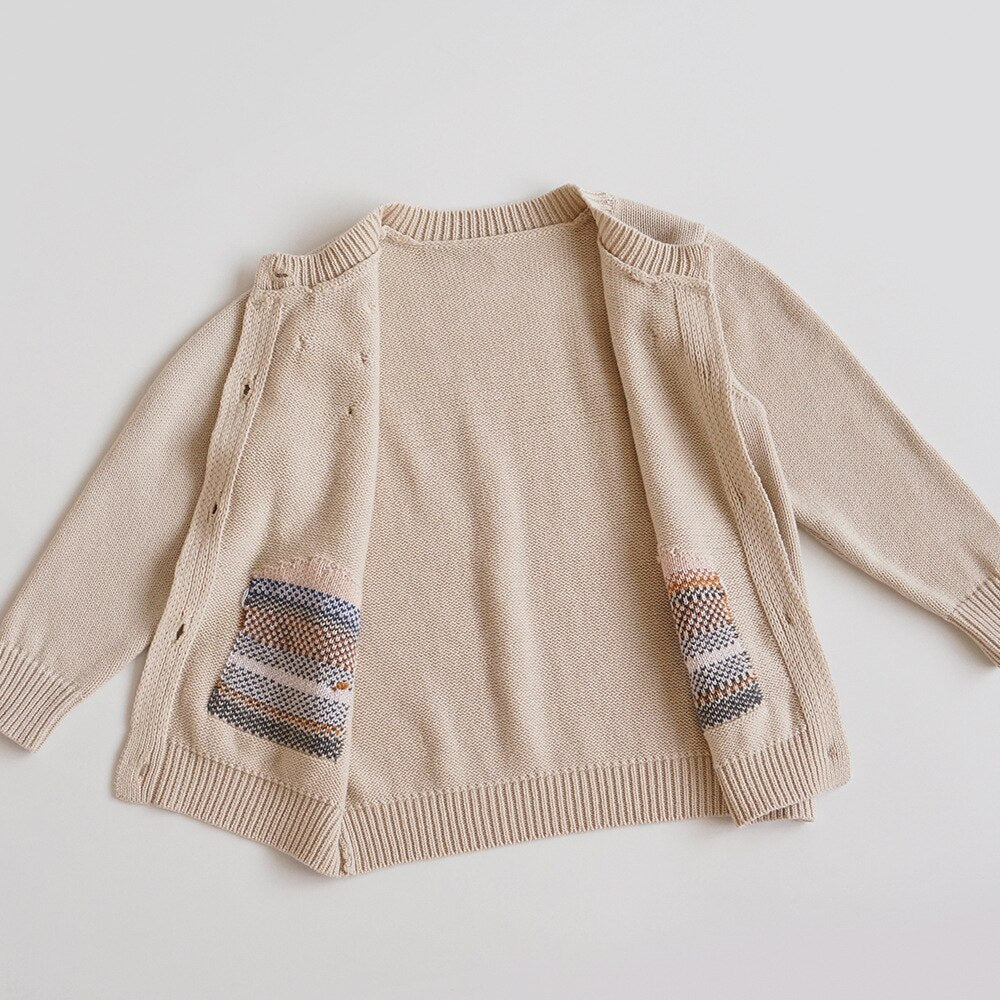 Inside view of khaki knit cardigan