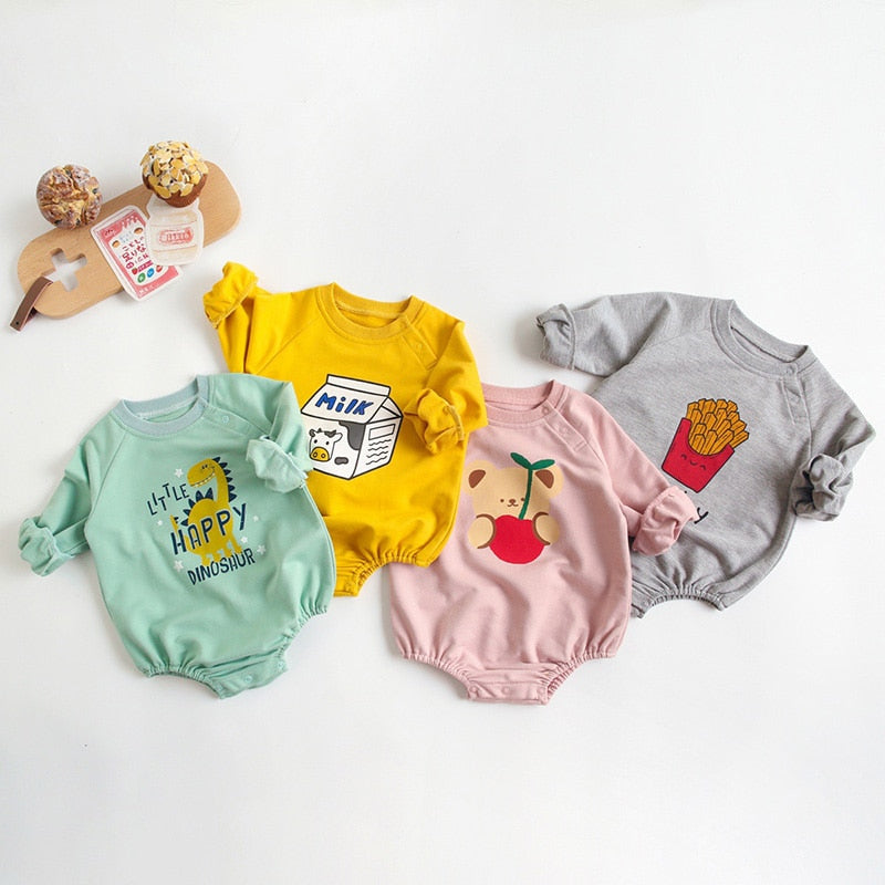 Green, yellow, pink and grey cartoon print baby rompers