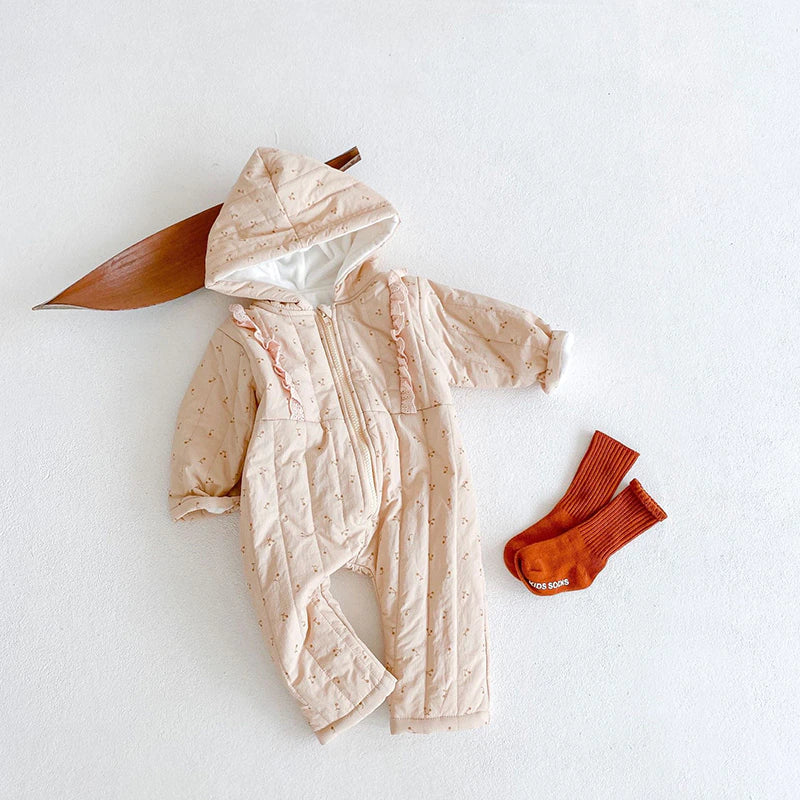 Cream cherry print hooded romper with socks