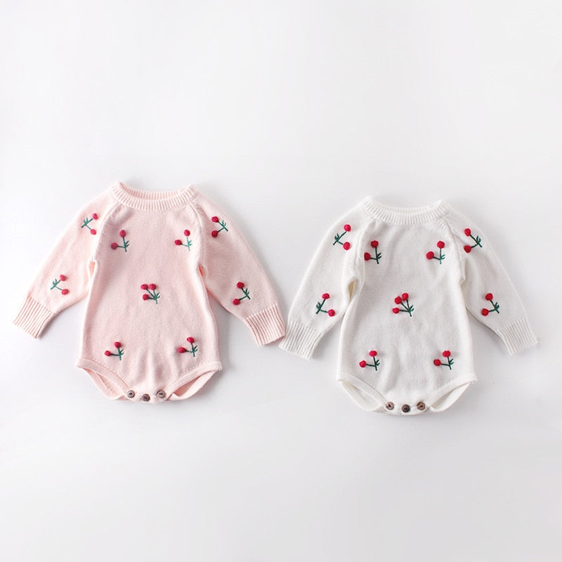 Pink and white cherry embroidered knit bodysuits