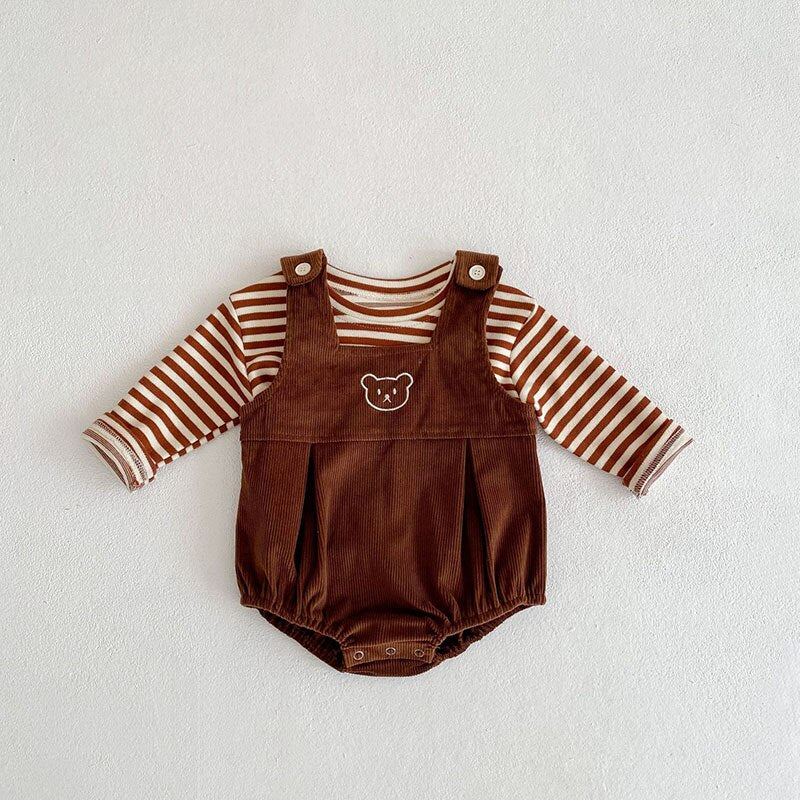 Coffee bear corduroy overall bodysuit with striped top