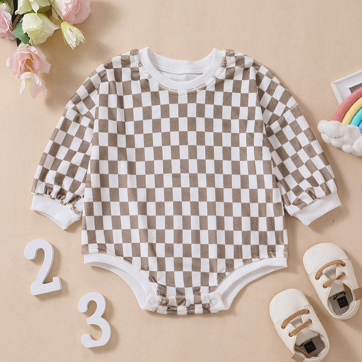 Coffee checkerboard print baby bubble romper with shoes