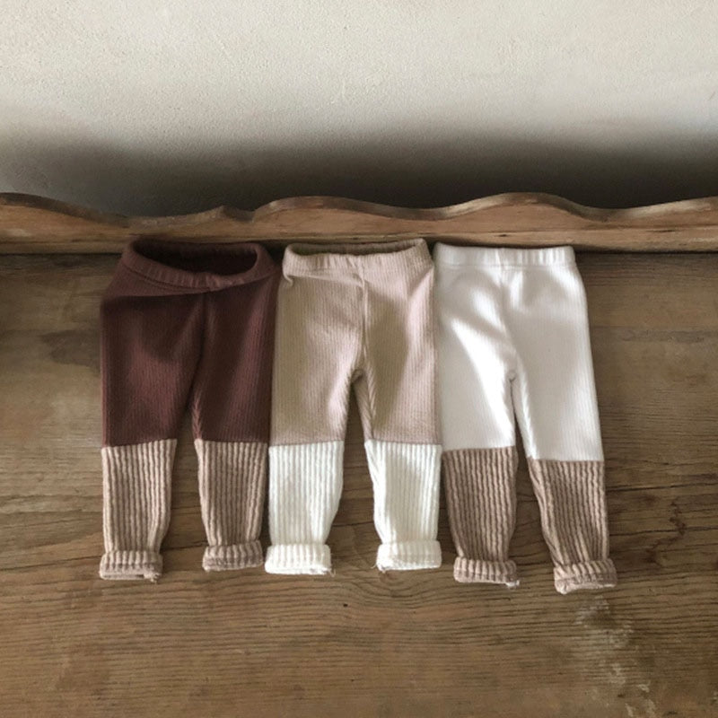 Coffee, beige and khaki colour block ribbed leggings