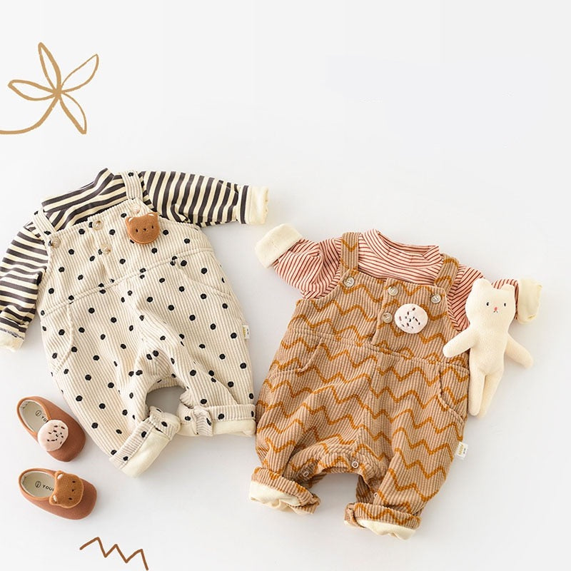 Polka dot and chevron corduroy overall rompers with toy