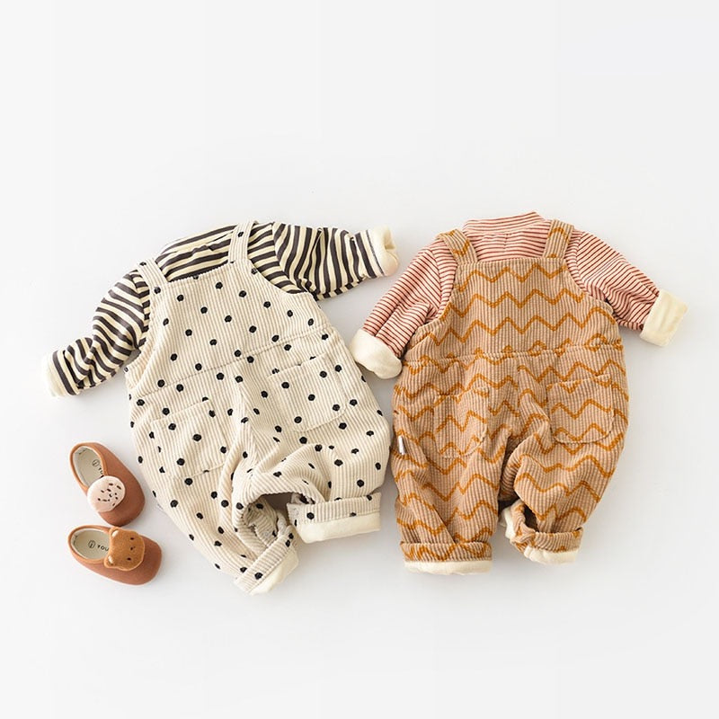 Corduroy overall rompers with striped tops and shoes