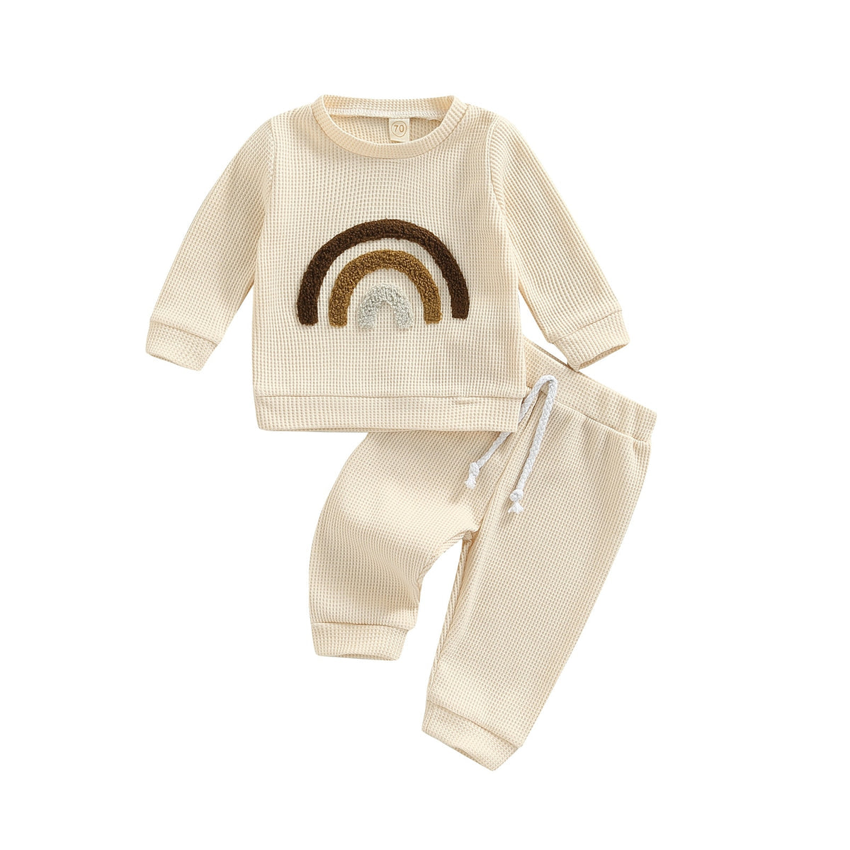 Cream rainbow embroidered top and pants