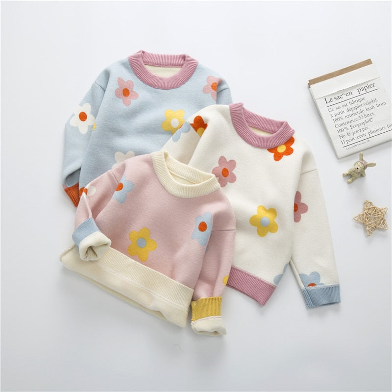 Pink, white and blue daisy flower knit sweaters