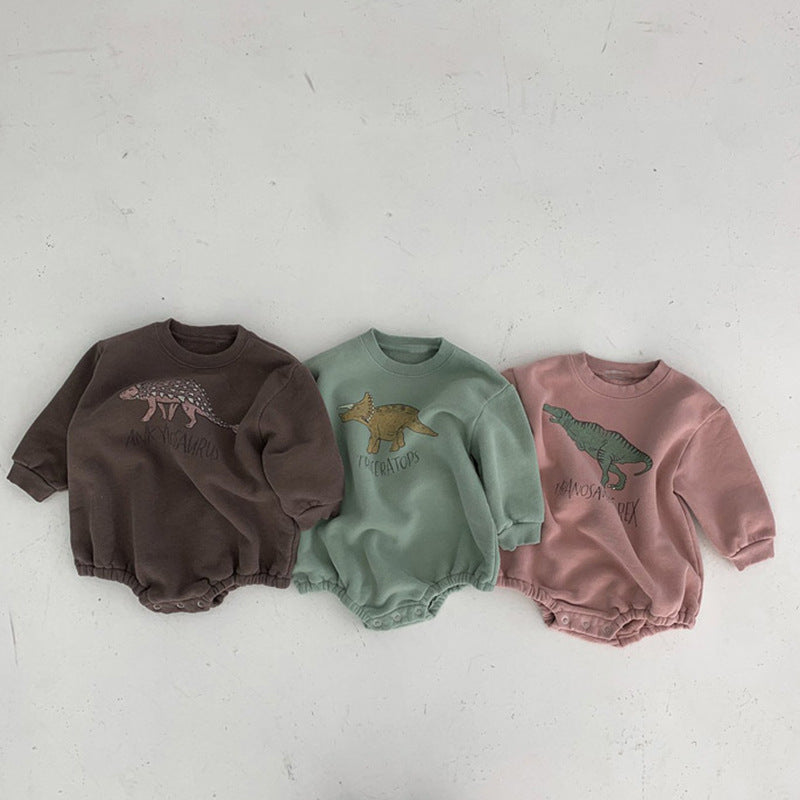 Brown, green and pink dinosaur fleece-lined bodysuits