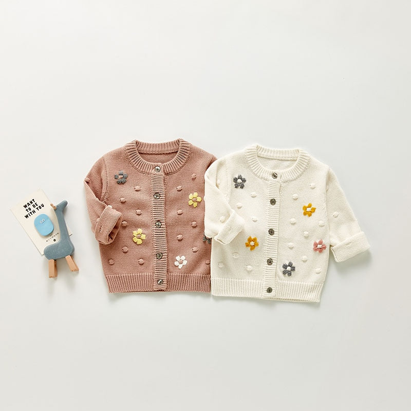Pink and white floral embroidered knit cardigans