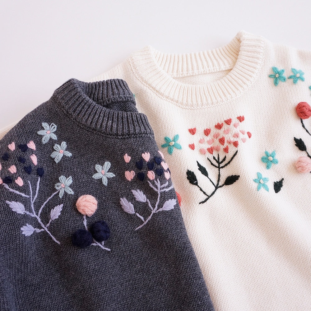 Close-up of floral embroidery and pom-poms on knit sweaters
