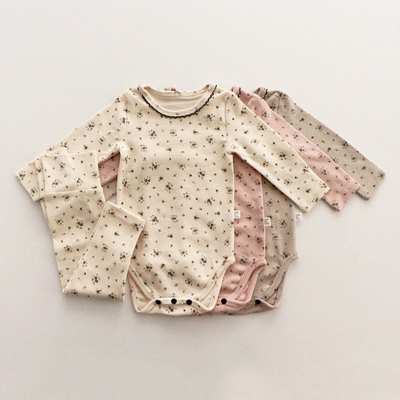 Beige, pink and brown floral ribbed bodysuit sets
