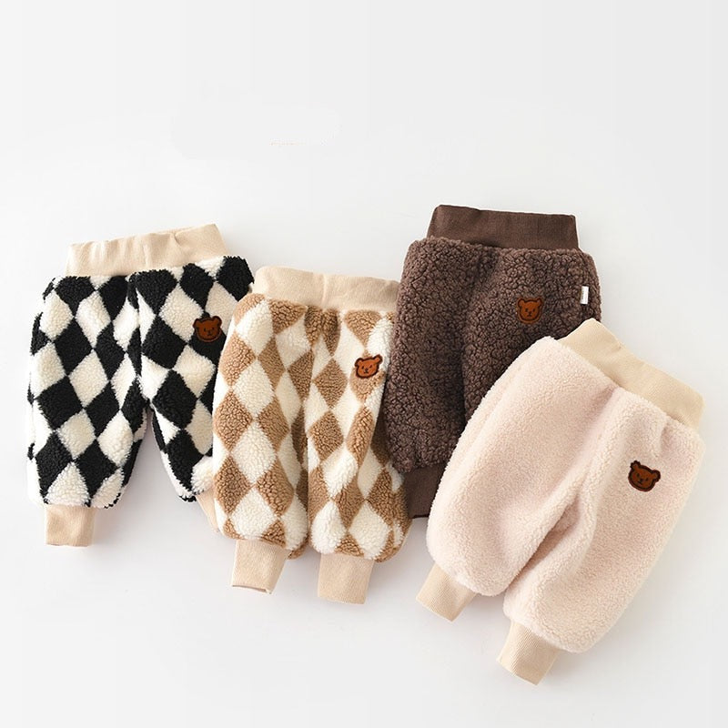 Black argyle, khaki argyle, beige and coffee fluffy fleece pants