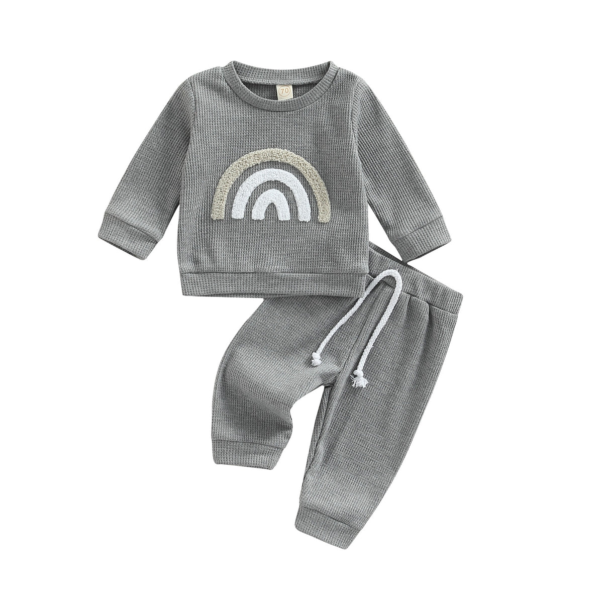 Gray rainbow embroidered top and drawstring pants