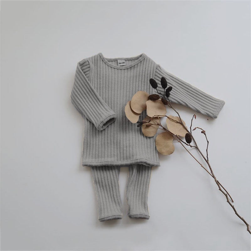 Gray ribbed knit top and leggings