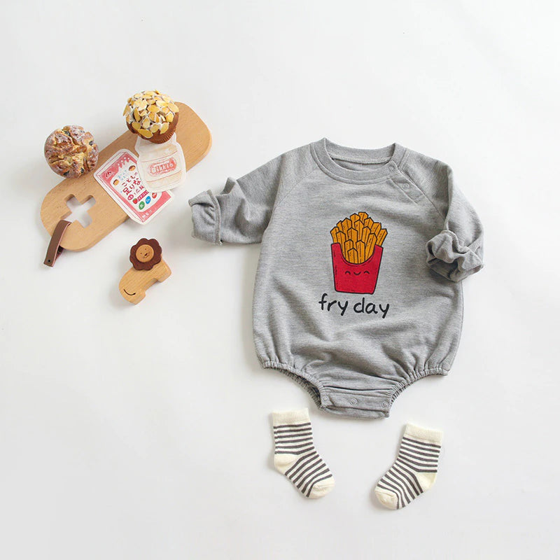 Grey fry day print baby romper with socks