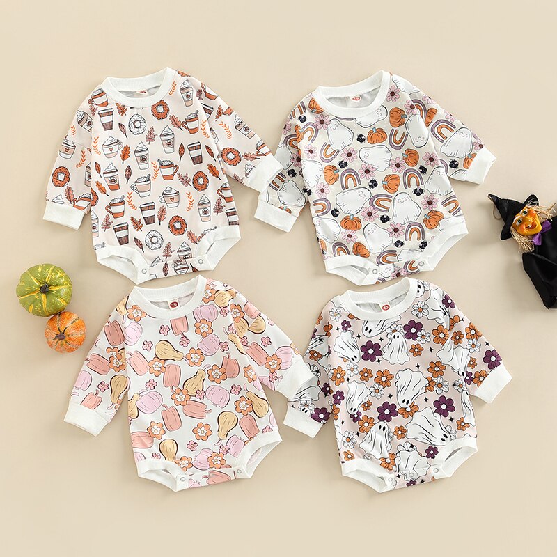 Four Halloween and fall print baby rompers