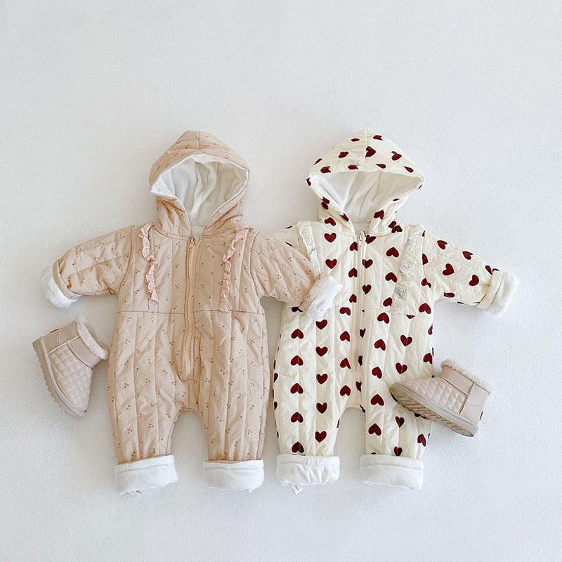 Cream cherry and heart print quilted hooded rompers