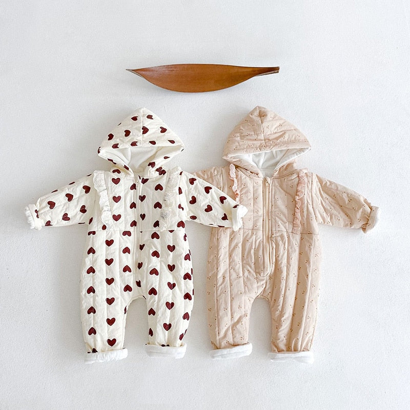 Heart and cherry print hooded rompers laid flat