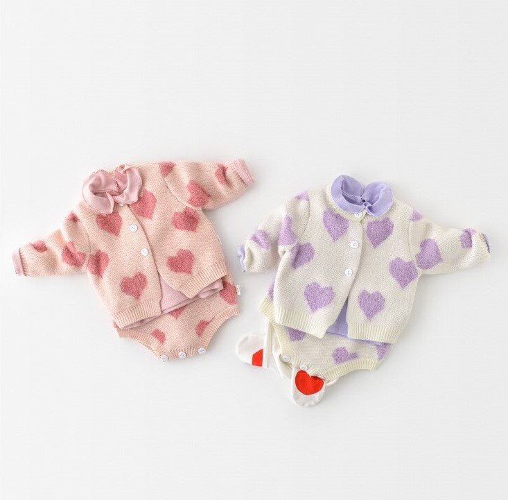 Pink and purple heart knit romper and cardigan sets