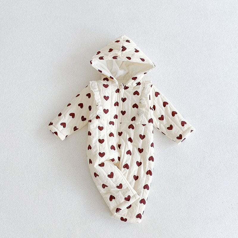 Heart print quilted hooded baby romper