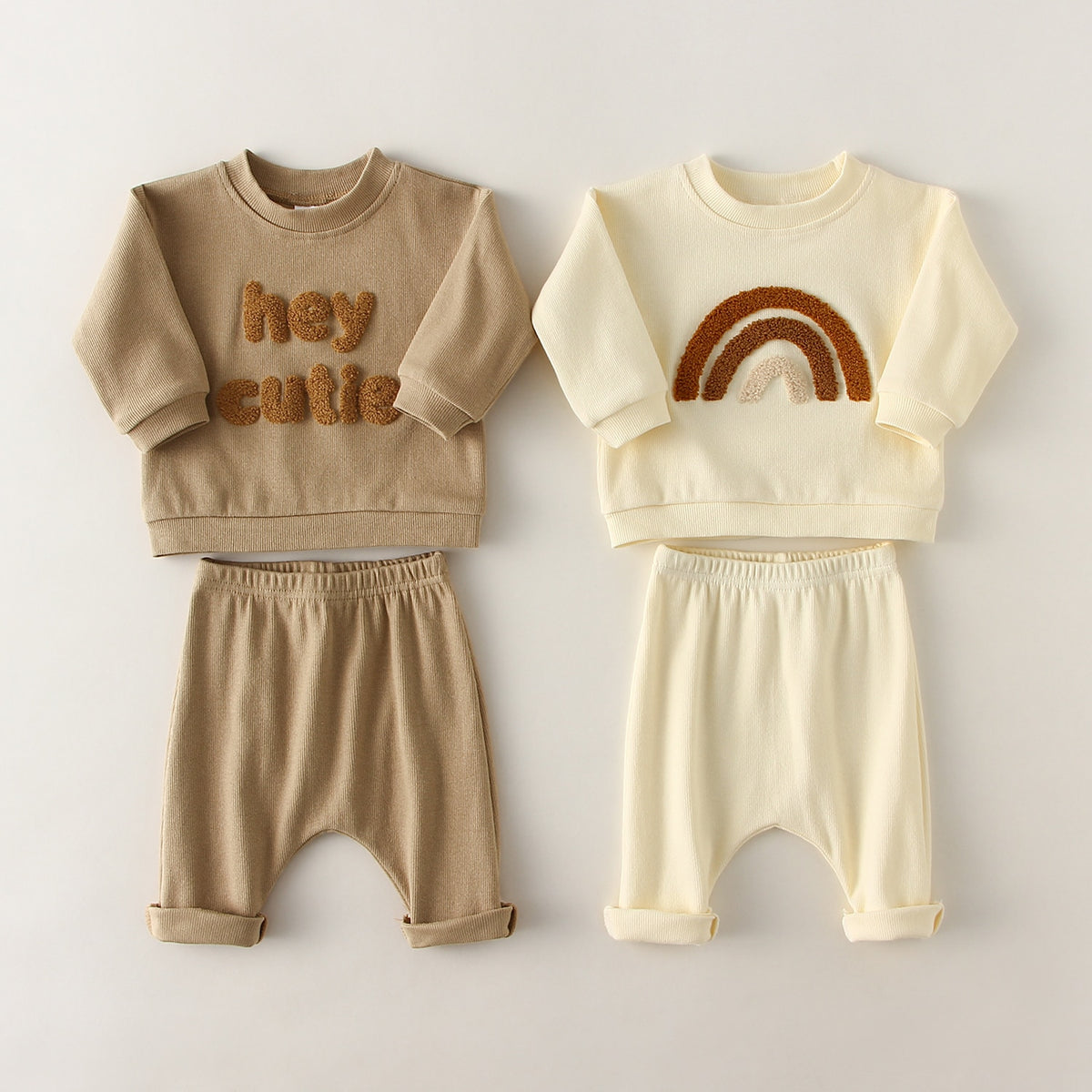 Hey Cutie and rainbow embroidered waffle sets