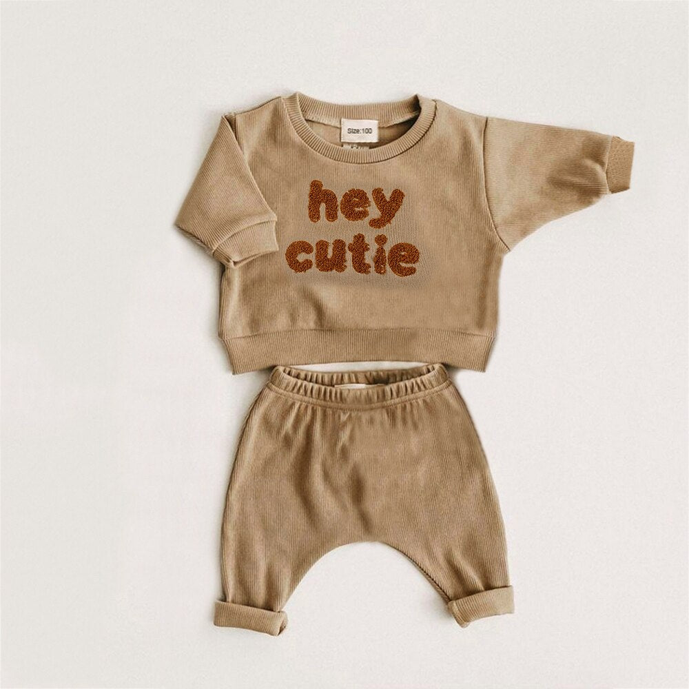 Tan Hey Cutie waffle sweatshirt and pants