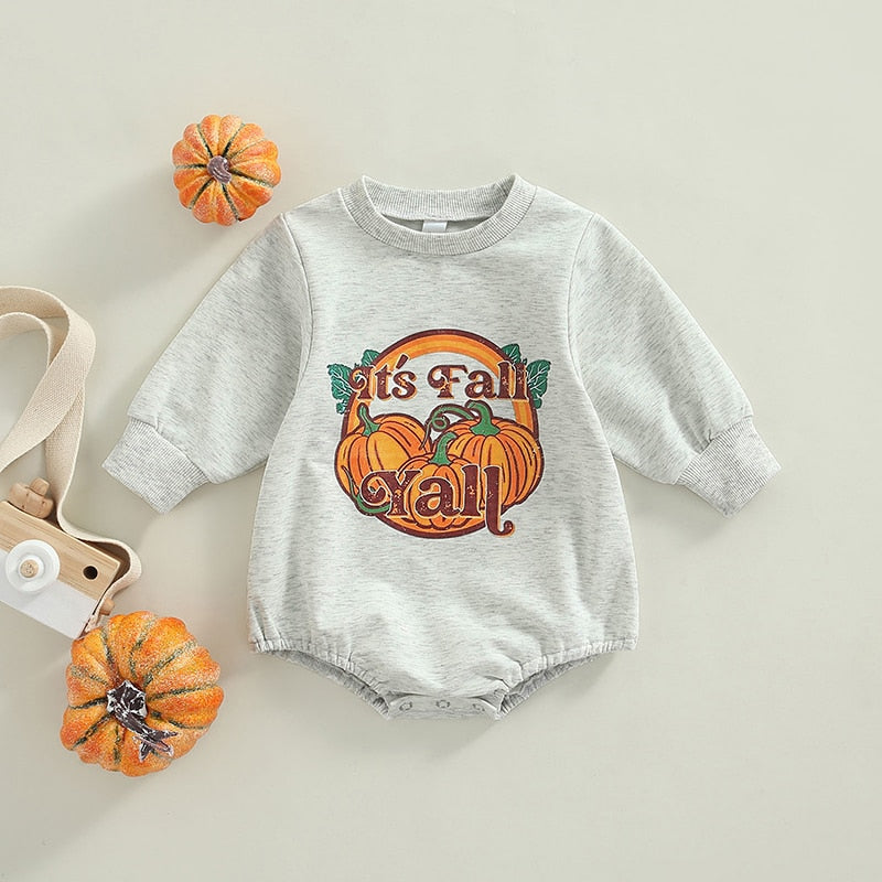 Gray It's Fall Y'all pumpkin print baby romper with pumpkins