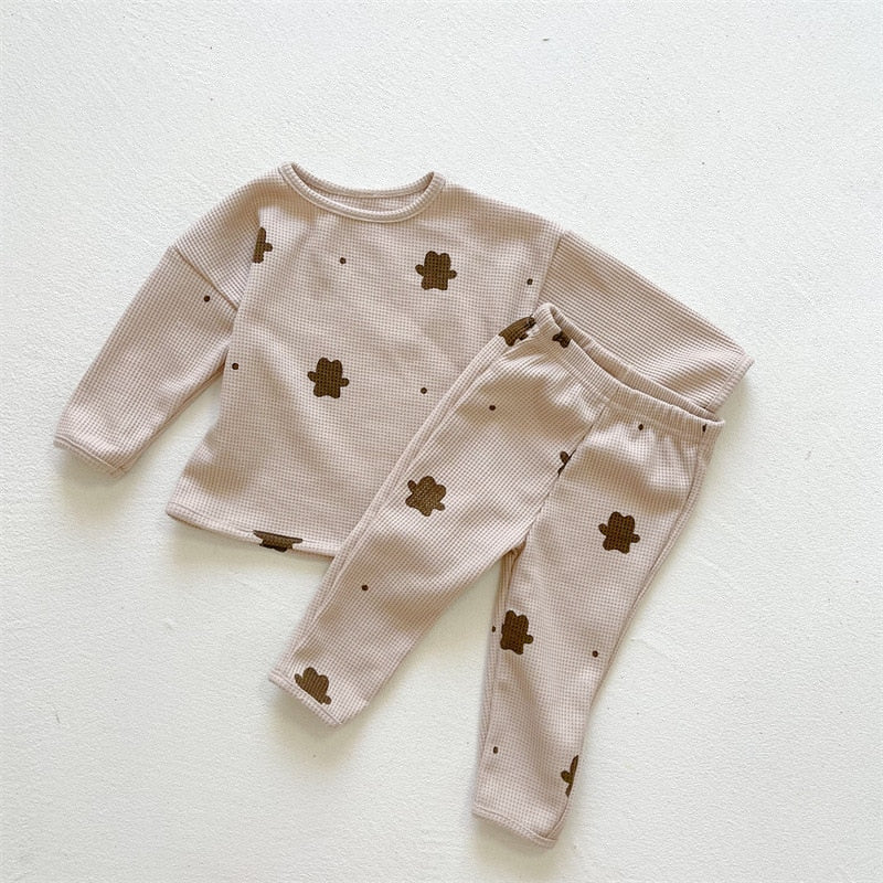 Khaki bear print waffle top and pants