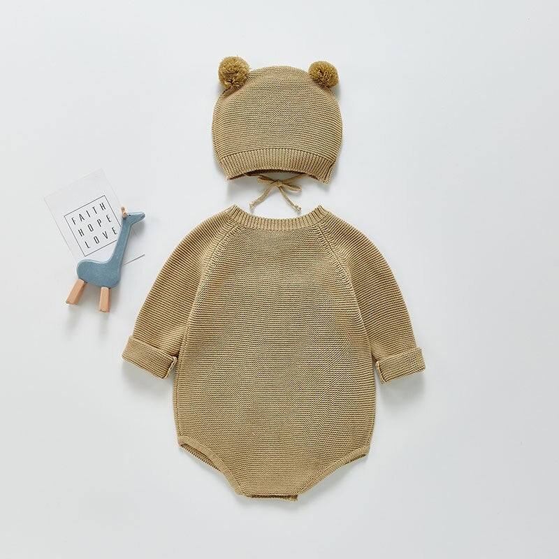 Back of khaki knit bodysuit with hat
