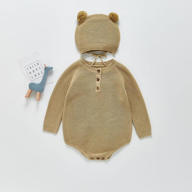 Khaki knit bodysuit with bear ears hat