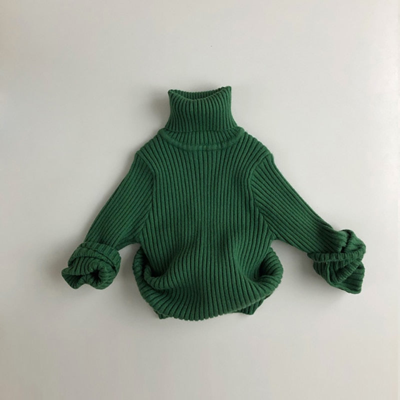 Green chunky knit turtleneck sweater for kids