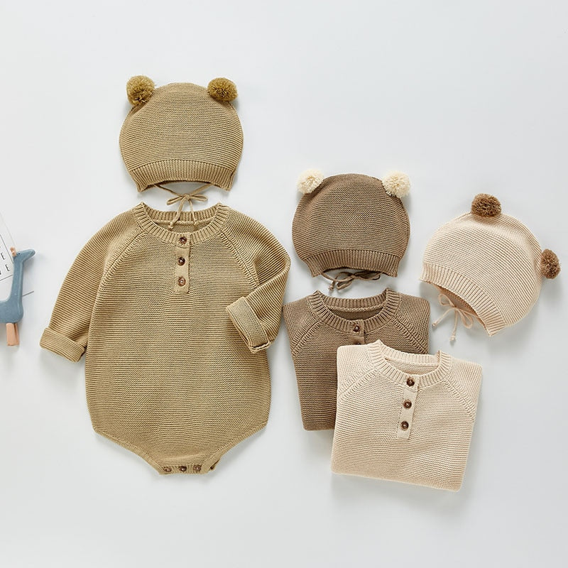 Knit raglan bodysuits with bear ears hats in three colours