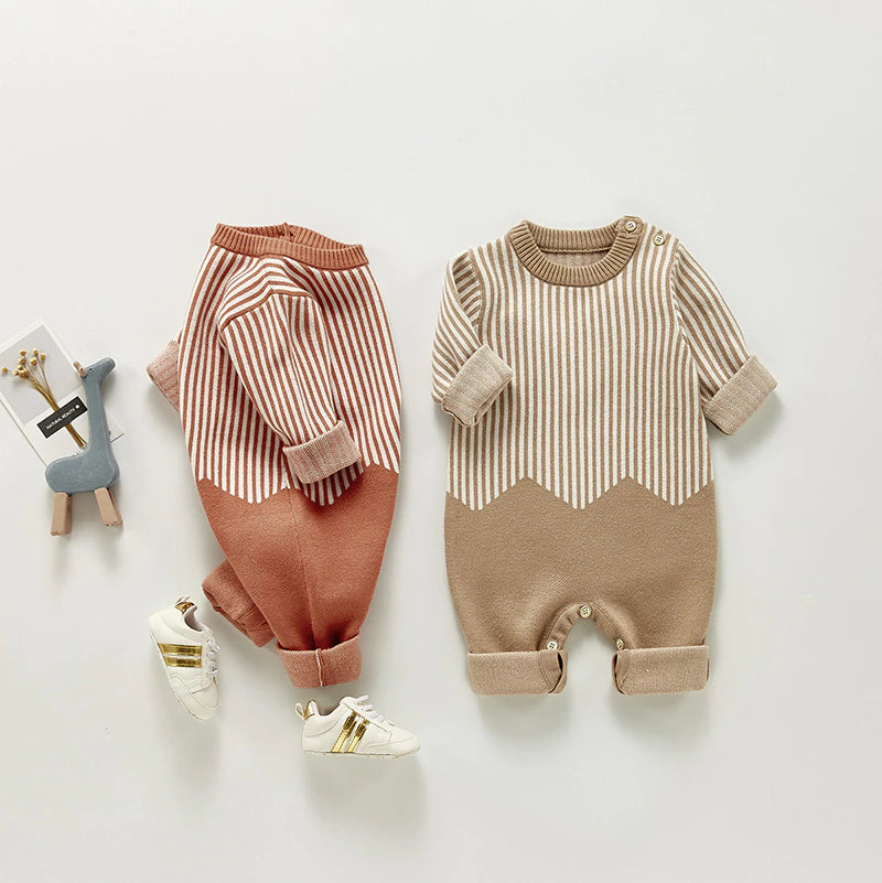 Rust and beige knit jumpsuits with toys