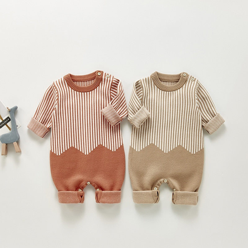 Rust and beige knit jumpsuits side by side