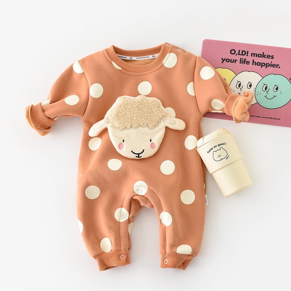 Orange polka dot romper with 3D sheep face