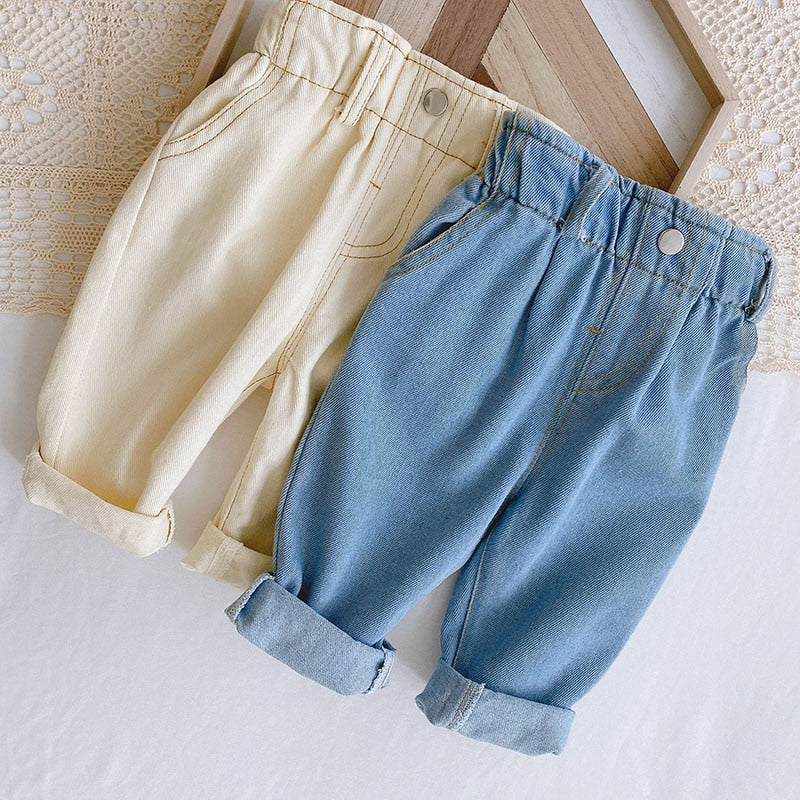Beige and blue paperbag high-waist denim pants