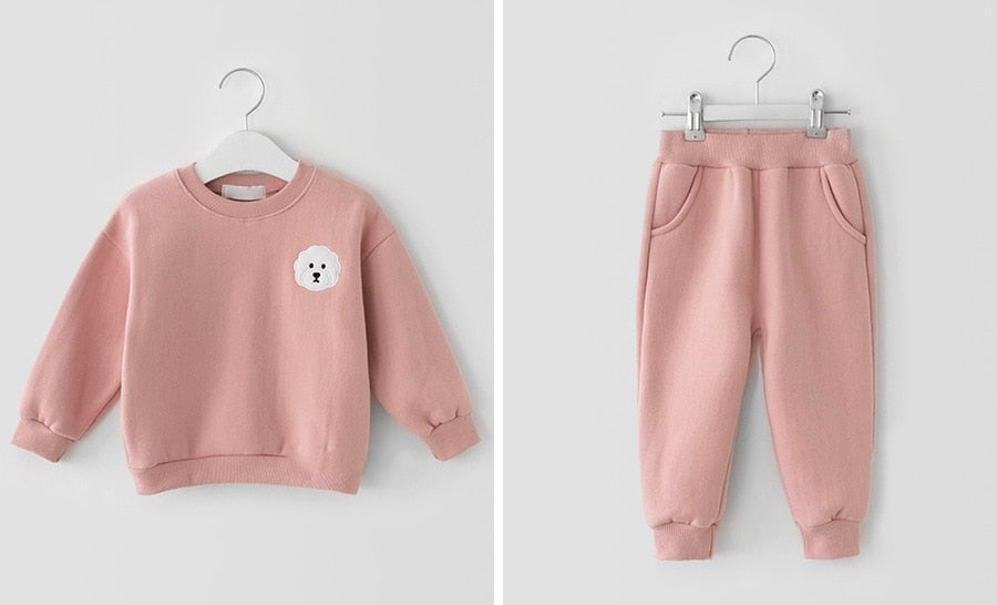 Pink sweatshirt and joggers on hangers