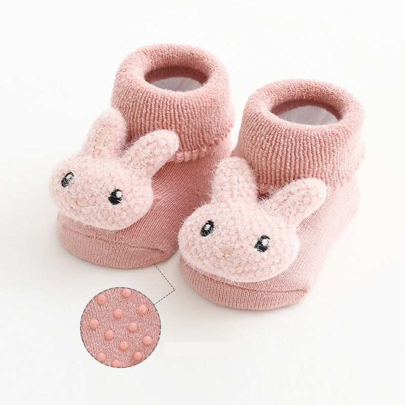 Pink thick baby socks with bunny toppers