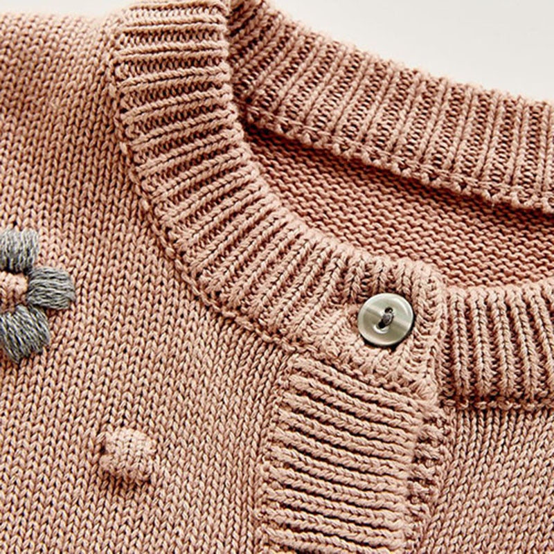 Close-up of neckline and bobbles on pink cardigan