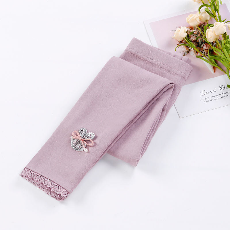 Pink cotton leggings with lace hem