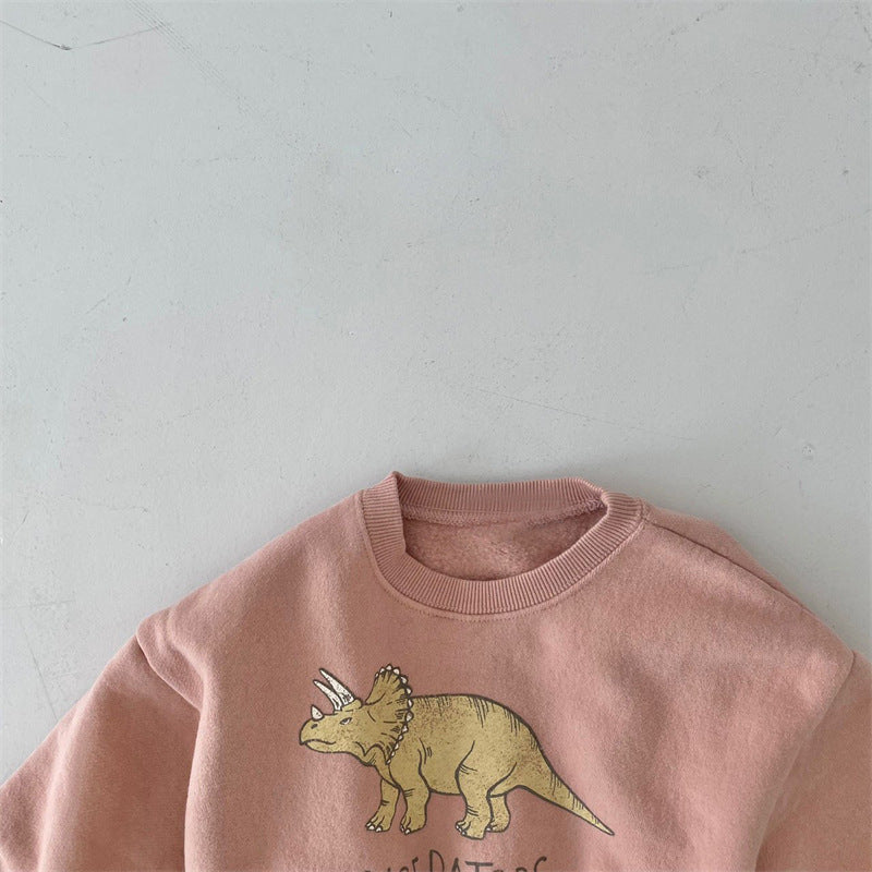 Close-up of dinosaur print on pink pullover