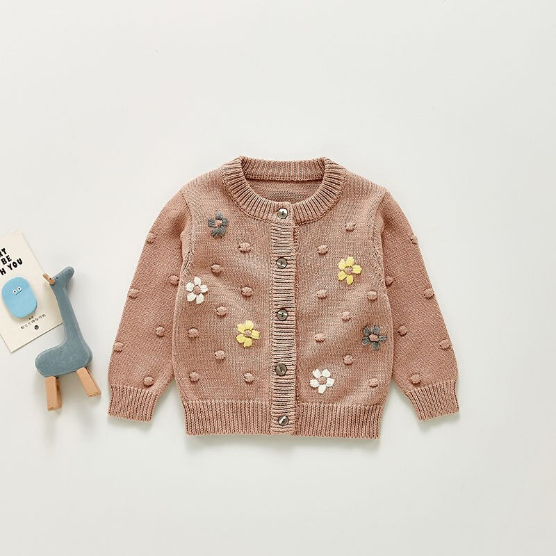 Pink knit cardigan with floral embroidery