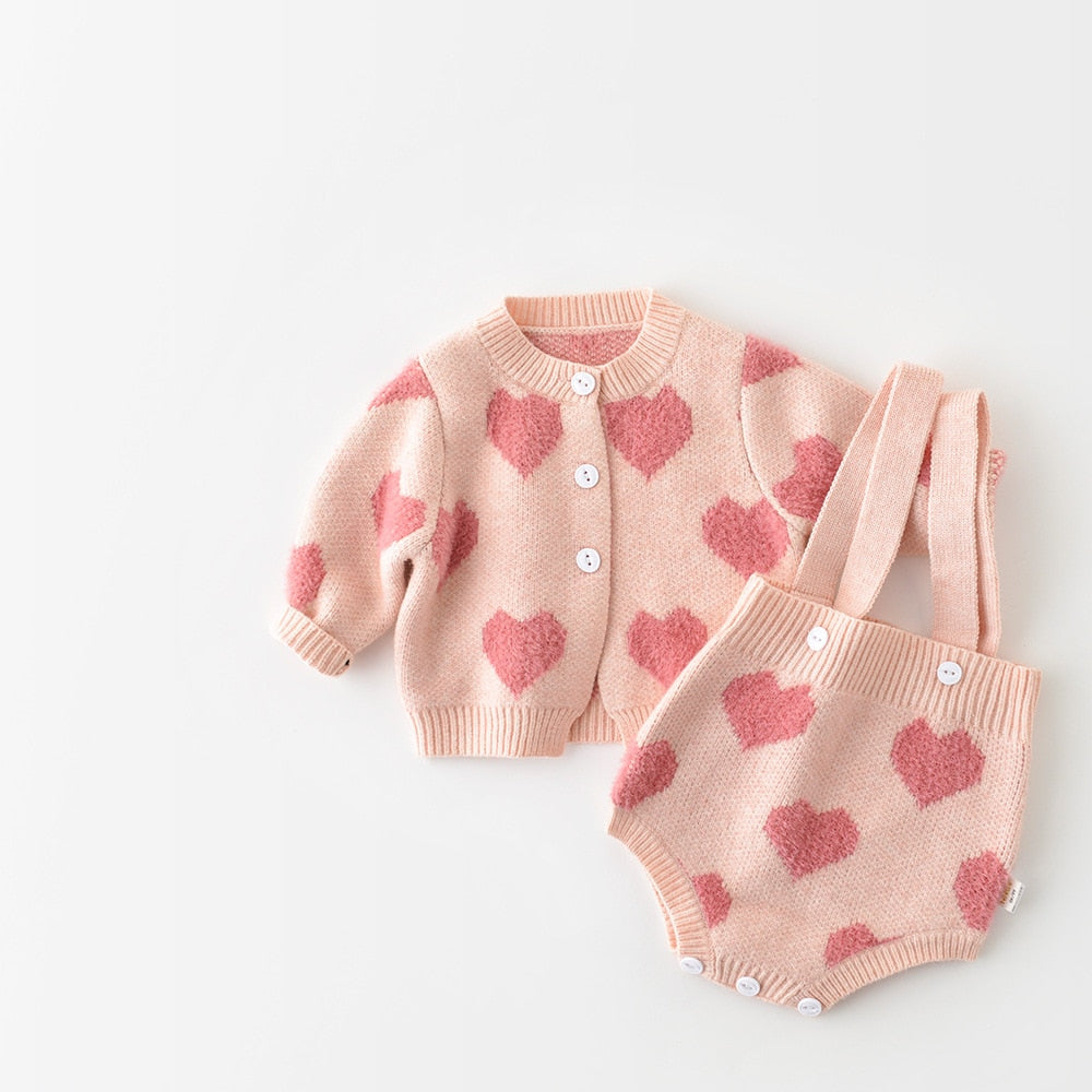 Pink heart knit cardigan and romper