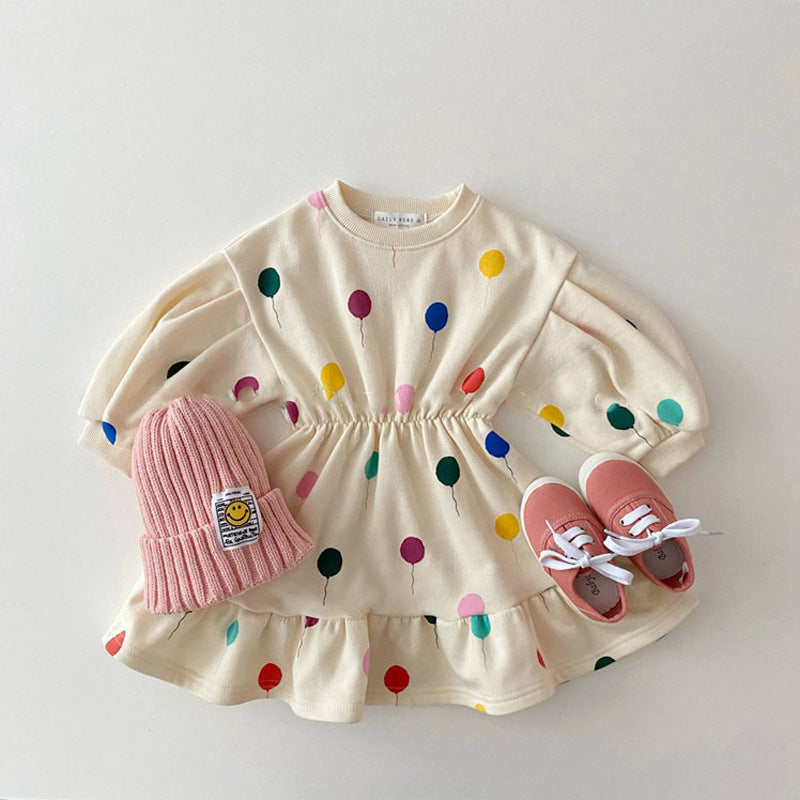 Cream polka dot sweatshirt dress with hat and shoes